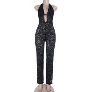 Front detail of black floral lace halter neck bodysuit featuring hollow-out sheer mesh