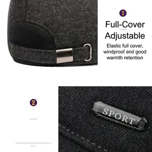 Men's winter thick wool baseball cap with sport logo and adjustable metal buckle