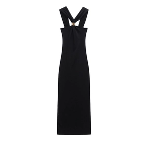 French style halter neck knitted maxi dress in black featuring a unique metal buckle detail