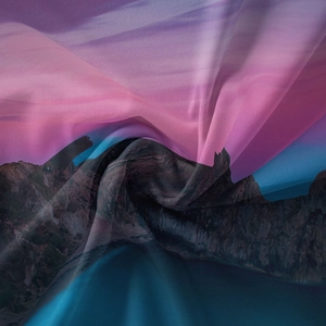 Detailed close-up of scenic landscape tapestry showing purple sunset and blue mountains