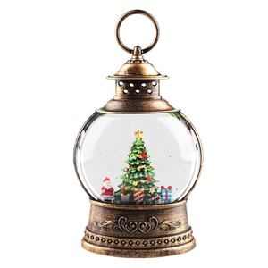 Bronze Christmas water lantern music box with Santa and tree inside on white background