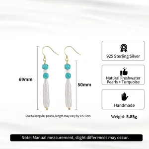 Bohemian 925 silver tassel earrings with turquoise and natural freshwater pearls