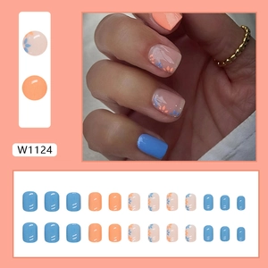 Short square press-on nails with orange and blue floral patchwork design, 24pcs set