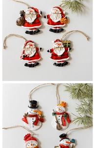 Detailed view of Santa and snowman resin ornaments with classic red and green holiday motifs
