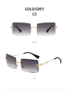 Detail view showing front and side angles of gold rimless square sunglasses with grey lenses
