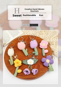 Hand-crocheted floral keychain featuring tulips and sunflowers in a wooden tray