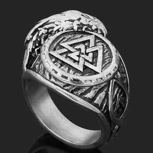 Detailed view of Viking Valknut ring with vintage silver finish and engraved patterns