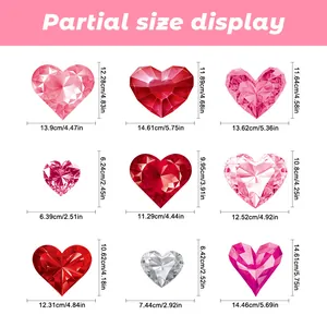 Size chart showing height and width for nine heart-shaped static window stickers