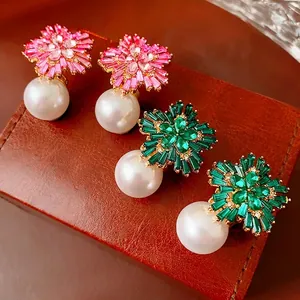 Alloy Flower Zircon Artificial Pearl Drop Earrings With Silver Earring Post For Women Elegant Retro Fashion Jewelry