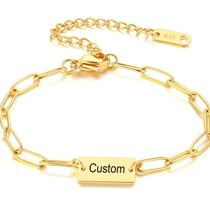 Customizable 18K gold plated stainless steel bracelet with rectangular charm and extension chain