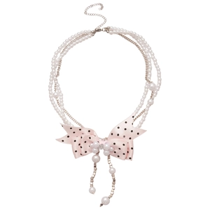 Elegant multi-layer pearl necklace with a pink polka dot bow and metallic charms