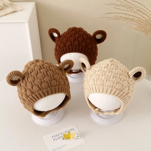 Baby Winter Knit Hat Bear Ears Soft Woolen Yarn Ear Protection Chin Strap Solid Color For Toddlers Infants Warm Casual