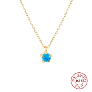 Elegant S925 sterling silver gold necklace with a round blue turquoise stone pendant