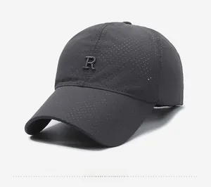 Detail of breathable mesh baseball cap with 3D embroidered letter R and curved brim