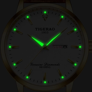 Luminous men's business watch with dual calendar and green glowing markers in the dark