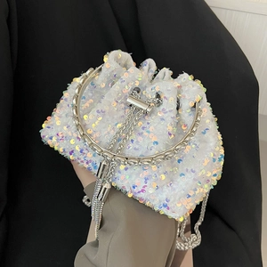 Sequin Bucket Bag PU Leather With Metal Ring Handle And Chain Strap Drawstring Handbag For Women Evening Party