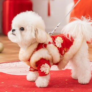 Red Tang suit for dogs with floral embroidery and faux fur trim for Chinese New Year