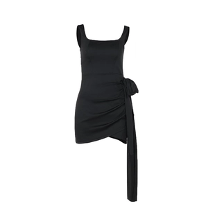 Elegant black sleeveless wrap mini dress with square neckline and side tie waist detail