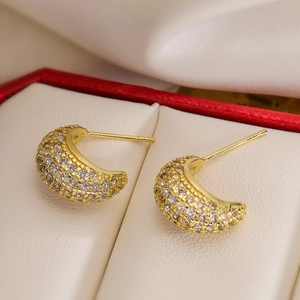 Elegant 18K gold plated C-shaped stud earrings with sparkling cubic zirconia in a jewelry box