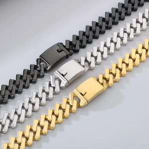 Detail view of 20mm hip hop cuban bracelets in black, silver, and gold metal finishes