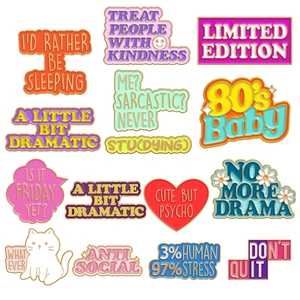 Collection of creative colorful enamel pins with humorous English slogans and gold edges