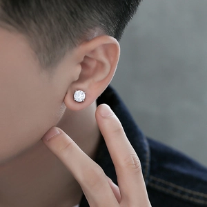 Sparkling cubic zirconia magnetic stud earring for men with a polished silver-tone finish