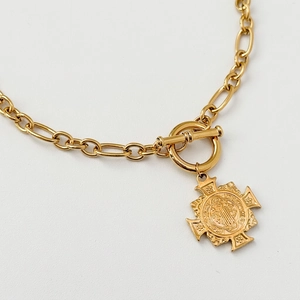 18k gold plated stainless steel OT buckle necklace with cross and saint medal pendant