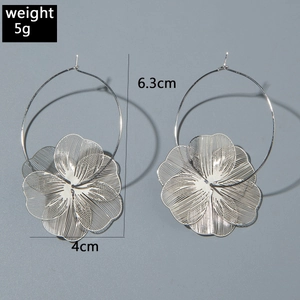 Vue détaillée de grands pendentifs fleurs évidés sur des créoles argentées avec dimensions