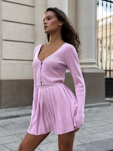 Cardigan In Maglia Da Donna E Mini Gonna Pieghettata Rosa Scollo A V Maniche Lunghe Crop Top Stile Street