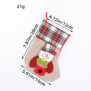 Linen Christmas stocking with snowman design showing exact size dimensions and 21g weight