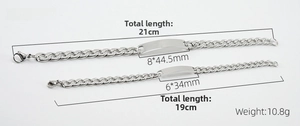 Detailed comparison of two stainless steel ID bracelets showing sizes and chain weights