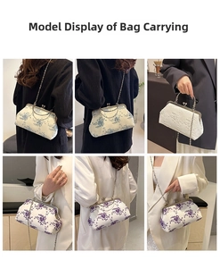Detail view of vintage lace clasp bags with floral embroidery and elegant metal chain straps