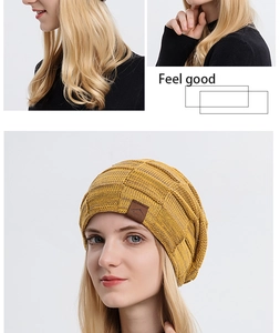 Detail of yellow knit beanie with leather patch and warm fleece lining for winter fashion