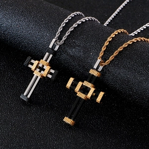 Punk hollow cross necklaces in silver-black and gold-black on textured background