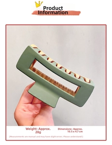 Detail showing weight 28g and size 10.5x4.7cm for matte green rectangle hair claw clip