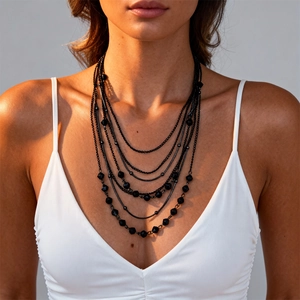 Elegant multi-layered black beaded necklace with metallic chain for a vintage look