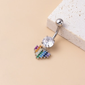 Detail showing rainbow zircon rectangle pendant on silver stainless steel belly ring