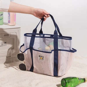 Mesh beach tote bag with Beach Love logo and side pocket for sunglasses storage