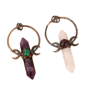 Retro bronze crescent necklace with amethyst and green chalcedony hexagonal pendants