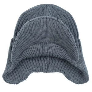 Detailed front view of grey winter knit hat with ear flaps and soft fleece lining