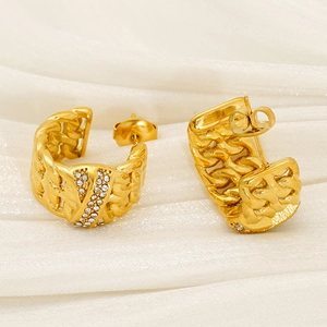 18k gold-plated C-shaped stainless steel earrings with layered chains and sparkling zircons