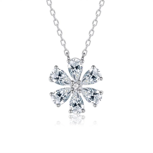 S925 sterling silver six-petal flower pendant necklace with pear-cut white zircons