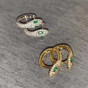S925 sterling silver snake hoop earrings with zircon pavé and green crystal eyes