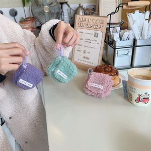 Mini plush fleece earphone pouch for AirPods with lanyard and flap closure in three colors