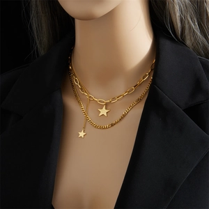 Double-layered gold titanium steel necklace with star pendant and Good Luck engraving