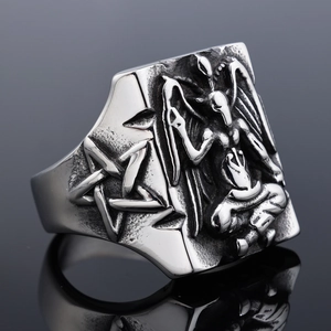 Retro hip-hop stainless steel ring featuring a Baphomet goat head and pentagram symbol