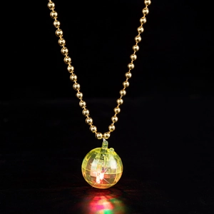 70s vintage disco ball pendant necklace with glowing red and green LED lights and gold beads
