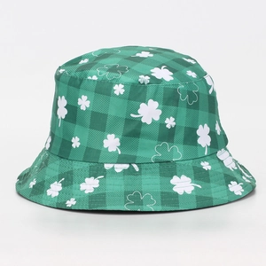 Outdoor sun protection bucket hat with green shamrock pattern and checkered design