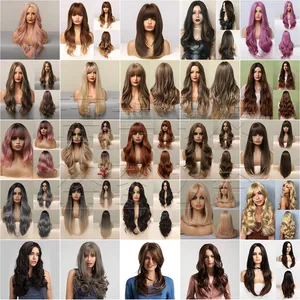 Collage of long wavy wigs in various colors like brown pink and blonde with bangs