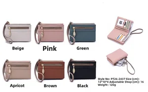 Detailed internal view and dimensions of a vintage faux leather wallet with wrist strap